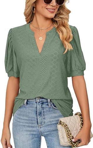 Ritiriko Mesh Atmungsaktive Damen V-Ausschnitt Tops Positive Schulter Bubble Sleeve Damen Kurzarm Shirt Sommer Mode Lose Casual T Shirt Grün XL
