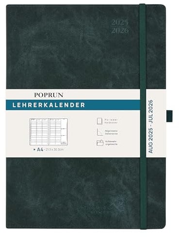 POPRUN Lehrerkalender 2025 2026 DIN A4 - Lehrerplaner 25/26 für die Unterrichtsvorbereitung mit Monatliches Register. Schulplaner mit PU-Leder Hardcover für Lehrerinnen und Lehrer - Dunkelgrün