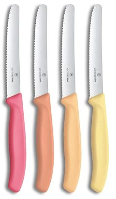 Victorinox Swiss Classic Breakfast Knife, Bread Knife, 4-Piece Set, Sharp Blade, Serrated Edge, 11 cm, Stainless Steel, Pink, Orange and Yellow