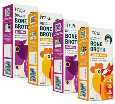 Freja Instant Pho & Ramen Bone Broth | Limited Edition | Chicken Ramen and Beef Pho | 100% Natural | Rich in Collagen, Protein & Amino Acids | Dairy & Gluten Free, 4 boxes (4 x 15g Sachets Per Box)