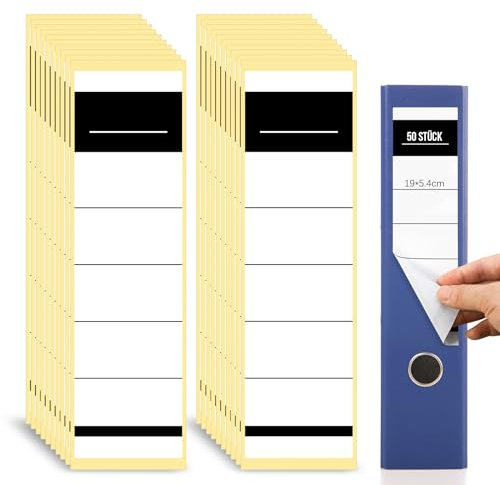 50 Stück selbstklebende Ordnerrücken, Etiketten 19×5,4 cm für 8 cm Ordner, beschreibbar - Ideal für Büro, Bibliothek, Archivierung