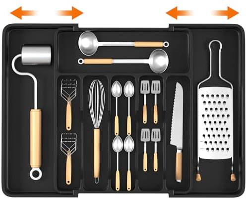CIOXSOIO Cuberteros para Cajon Cocina Expandible, Organizador Cubiertos para Cajon, Organizador de Cubiertos Ajustable 6-8 Ranuras, Plástico de Cajones para Cucharas, Tenedores, Cuchillos