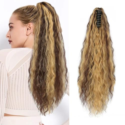 XFSRG Extensiones de Clip Pelo Natural Rizada Ondulada Moda Uso Diario Coleta Postiza para Mujer Extensión Cabello Ondulado Corto con Pinza Pelo Sintético（MarróN Claro）