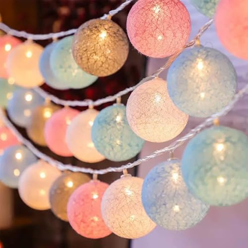 ENLACE LED Lichterkette Baumwollkugeln, 1,5M 10 LED Cotton Ball Lichterketten Kugeln, 6cm Durchmesser Macaron Baumwollkugeln Lichterkette für Kinderzimmer, Hochzeit, Weihnachten, Party Deko