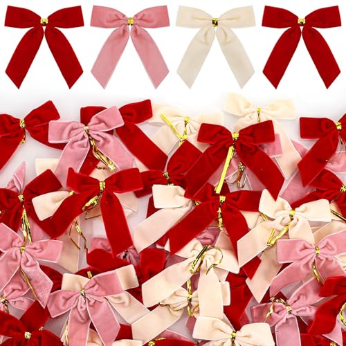 Zourglow 50 Pezzi Fiocchi di Velluto, 12x10cm Fiocchi Decorativi Natalizi | Confezioni Fai da Te per Albero di Natale, Ghirlanda, Decorazioni da Appendere, Confezioni Regalo(Rosso + rosa + beige)