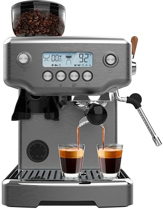 Cecotec Cafetière Expresso Barista Power Espresso 20 Barista Steel & Grind. 2200W, 20 Bars, Moulin Conique, Réservoir d'Eau de 2.1L, 180g Café, 30 Niveaux, Thermoblock, Double Bras, Accessoires Inclus