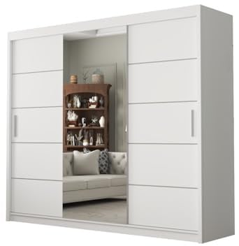 DELUXEWARE 2&3 Doors Sliding Door Wardrobe with Matt Finish – Bedroom Wardrobe with Full Length Mirror, Hanging Rail & Shelves | Strong MDF Storage Cabinet for Bedroom Furniture. (White, 250cm)