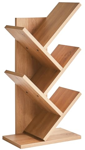 YMYNY 4 Tier Tree Bookshelf, Small Bookcase, Modern Wood Book Storage Rack, Freestanding Book Shelf for Books/Movies/CDs, Narrow Display Rack for Living Room, Home Office, Oak Color HBC014K