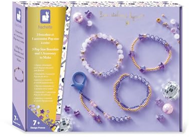 Janod – 4 Schmuckstücke zum Selbermachen – Set zum Basteln Trendiger Accessoires – 2 Armbänder + 1 Schlüsselanhänger + 1 Halskette – Kreative Beschäftigung ab 7 Jahren, Purple