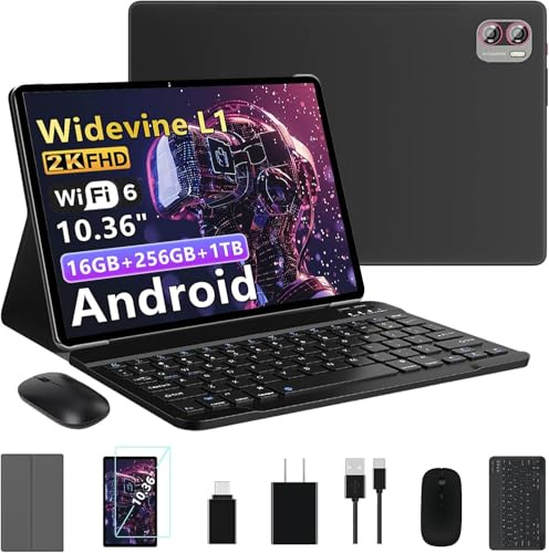 MEBERRY 2026 Neueste Tablet 10.36 Zoll Android Gemini AI, 16GB RAM + 256GB ROM + TF 1TB / 2000 x 1200 Pixels / 5G WLAN / 8600 mAh / 5MP + 13MP, Mit Maus und Tastatur Schwarz