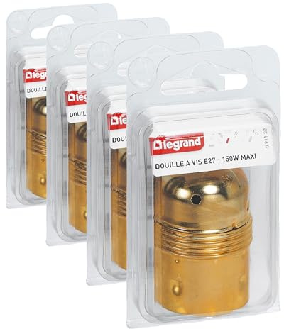 LEGRAND - Douille E27 pour Ampoule - Douille en Acier Laitonné avec Borne de Terre - Puissance Max : 150W - Fabriqué En France (Lot de 4)