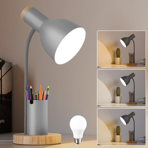 himmel Schreibtischlampe Grau mit Stiftehalter, Schreibtischlampe Kinder Mädchen Jungen Holz-Akzent, Verstellbar, kinder Tischlampe für Homeoffice, Nachttisch und Studentenzimmer