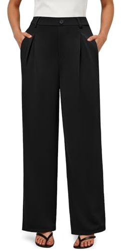 COPYLEAF Work Dress Pants Women Wide Leg Pull On Stretchy Slacks 2 Pockets | Soft, Faux Fly, High Waisted, Pleated Front, Straight Leg, Business Casual Trousers Pants, Womens Dress Pants for Work Office