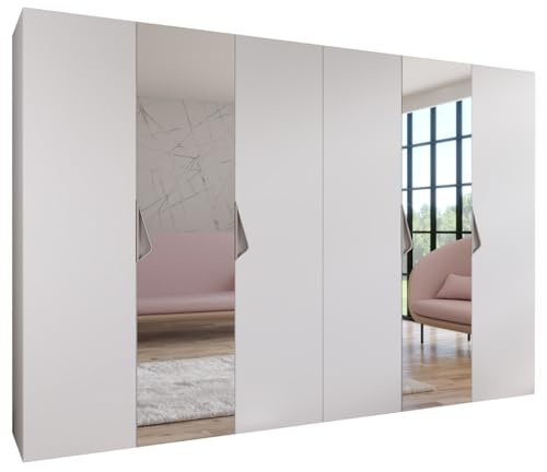 MEBLE KRYSPOL - Kleiderschrank - Garderobenschrank - 300 cm x 202 x 52 cm - Schrank mit Kleiderstange und Spiegel, 6 Türen - für Schlafzimmer, Flur - SANDI, Weiß, Griff Kaschmir