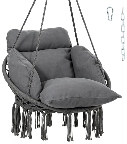 Outsunny Chaise Suspendue Grand Coussin Rembourré Tissage Serré Gris Foncé | Fauteuil Suspendu à Franges, Kit de Suspension Inclus, Hamac Cadre en Acier, Siège Suspendu Extérieur
