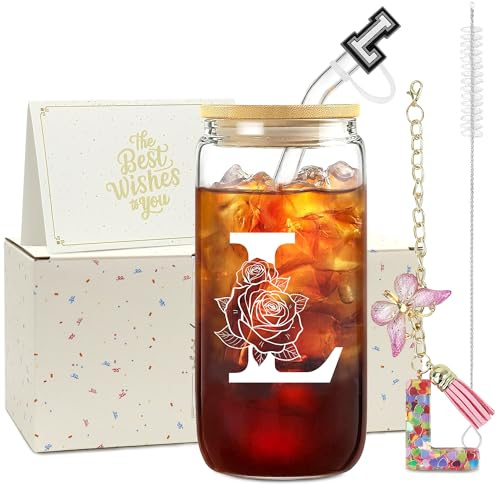 ZIOSINM A-Z Personalisierte Geschenke für Frauen – Glasbecher | Glasbecher mit Deckel & Strohhalm + Schlüsselanhänger Buchstabe, Geschenke für Frauen zum Valentinstag Geburtstag Weihnachten