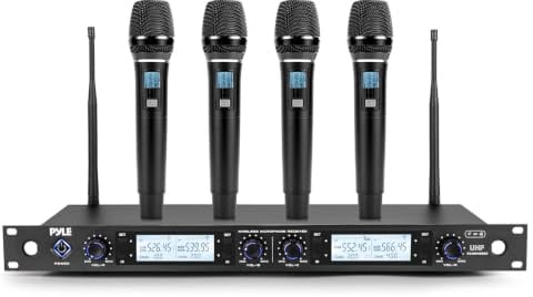 Pyle 4 Channel Wireless Microphone System with 4 Handheld Wireless Mics, UHF Cordless Microphones with Selectable Frequencies, Rack Mount Receiver for Karaoke, Church, DJ, Singing & PA Systems