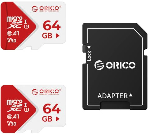 ORICO TF30 Carte Micro SD 64 Go x2 + Adaptateur, Jusqu'à 100 Mo/s, 4K | A1, C10, V30, U3,UHS-I, Carte Mémoire microSDXC, Carte TF pour Smartphones, Caméras Embarquées et Camera Surveillance