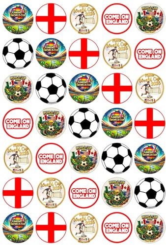 Men's World Cup 2026 ENGLAND Party Pack - Edible Cupcake Toppers - Wafer or Icing Football Competition Themed Celebration Cake Decorations for Cupcakes, Cookies, Brownies, Muffins & More!