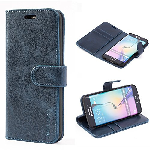 Mulbess Handy-Hülle für Samsung Galaxy S6 Edge Schutzhülle, Magnet Handyhülle Leder, Flip Wallet Cover, Kartensteckplatz, Vintage Dunkel Blau