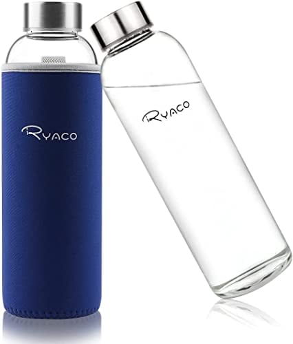 Ryaco Bouteille d'eau en verre de 550ml/18oz sans BPA– Bouteille en borosilicate anti-fuite–Idéale pour maison, les voyages, le sport, le yoga, la gym, les boissons chaudes et froides avec