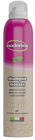 Inodorina Trockenes Hundeshampoo, weich, sanft, 300 ml, Trockenshampoo für Katzen und Welpen, ohne Sulfate, Silikon, Parabene für Haut und Fell.