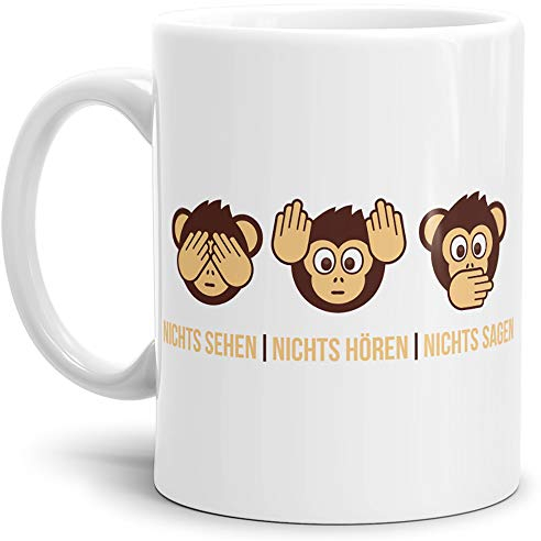 Tassendruck Tasse -AFFE- mit Spruch: Nichts Sehen, Nichts Hören, Nichts Sagen - Weiss -/Smiley/Affen-Kopf/Lustig/Witzig/Spaßig/Mug/Cup