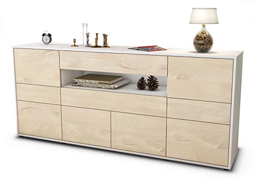 Stil.Zeit Sideboard Emerelda, Korpus Weiss matt, Front Holz-Design Zeder (180x79x35cm) Push-to-Open Technik & Leichtlaufschienen
