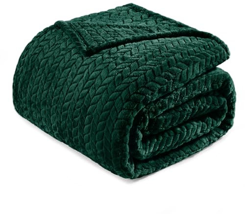 Exclusivo Mezcla Plaid Couverture Polaire en Flanelle, 230 x 270 cm Douce et Tissu Jacquard Plaid Couvertures de Canapé Imprimées de Feuilles, Vert forêt