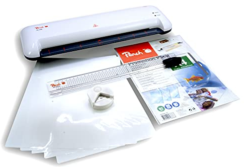 Peach 4 in 1 Laminierset inklusive Laminiergerät A4, Eckenrunder, Rollenschneider und Folien - für Heim und Büro - geeignet für alle handelsüblichen Folien in allen Größen bis max. A3 - PL755+