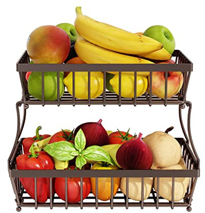 GILLAS Obstkorb mit 2 Ebenen, Arbeitsplatte für Küche, Gemüse, Brotkorb, Obstschale, Aufbewahrungsständer, abnehmbar, rechteckig, Drahtkorb, Bronze, Medium