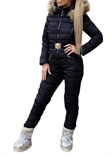 Minetom Damen Einteiliger Skioverall Winter Warm Schnee Skifahren Sätze Outdoor Jumpsuit Langer Overall mit Kapuze Reißverschluss Skianzüge Wasserdicht Winddicht Schneeanzug C Schwarz L