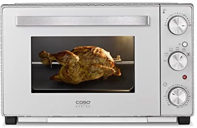 CASO TO 32 SilverStyle - Forno di design, capacità di cottura da 32 litri, 4 ripiani, 70 – 230 °C, con pietra per pizza, 5 funzioni: aria calda, spiedino girevole con motore, calore superiore, calore