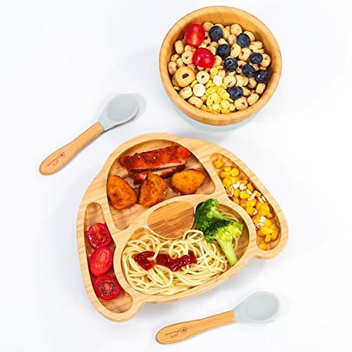 Vinsani Bamboo Dog Plate Bowl and Spoon Set for Baby Toddler Kids Children, Suction Plate, Stay-Put Non-Slip Base Design, Hypoallergenic, Food-Grade Silicone and BPA-Free Baby Feeding Set (Grey)