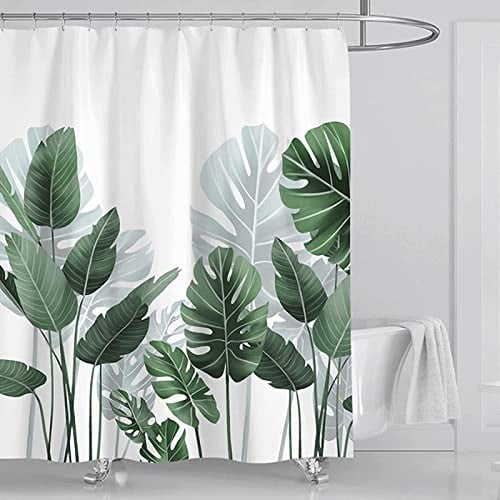 Polyester Rideau De Douche Feuilles De Bananier Plantes Rideau De Douche Anti Moisissure Hydrofuge Et Lavable avec 12 Anneaux De Rideau De Douche 90x200cm