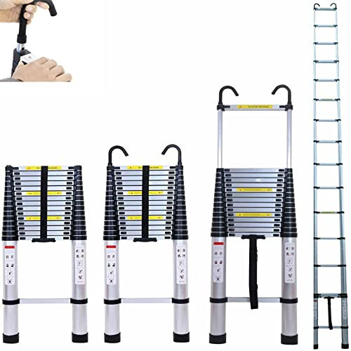 Scala multiuso 4,4 m, in alluminio con gancio, scala telescopica in alluminio, scala telescopica pieghevole, scala di prolunga antiscivolo, 15 pioli, portata fino a 150 kg