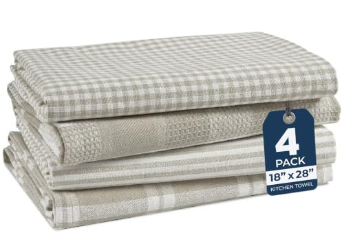 LANE LINEN Kitchen Tea Towel Set – 4 Pack (18” x 28”) 100% Cotton Dish Towel, Absorbent & Quick Drying Kitchen Cloth with Hanging Loop - Grey