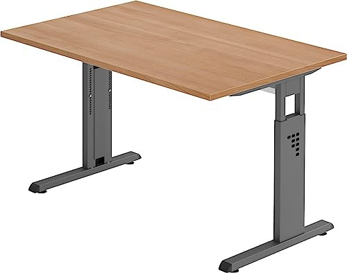 bümö höhenverstellbarer Schreibtisch O-Serie 120x80 cm in Nussbaum, Gestell in Graphit - PC Tisch klein für's Büro manuell höhenverstellbar, Computertisch verstellbar