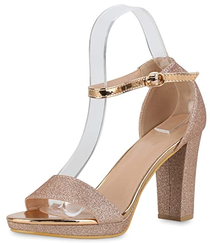 VAN HILL Damen Sandaletten Riemchensandaletten Party Blockabsatz Schuhe Glitzer Riemchenschuhe Elegante Absatzschuhe 212331 Rose Gold 40