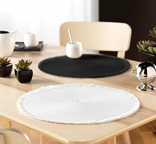 2 er Set Platzmatten Tischsets Weiß mit Fransen geflochten Ø38 cm