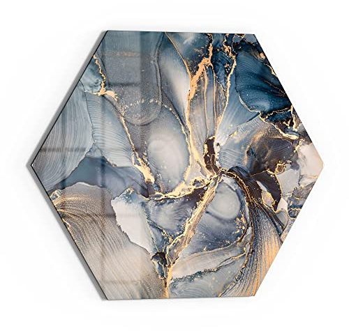 DEQORI Glasbild Echtglas | Motiv Marmor-Farbspiel mit Gold | sechseckig einteilig 55x47,6 cm | schöne Dekoration | Wandbild für Wohnzimmer, Schlafzimmer, Flur & Küche | moderne Wanddeko