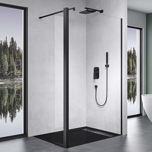 Mai & Mai Walk-In Duschwand für Dusche Duschabtrennung 150x200cm 10mm Klarglas mit 30cm Nebenteil ESG-Sicherheitsglas mit Nanobeschichtung Rechteckiger Stabilisator Bremen02K-Plus Schwarz