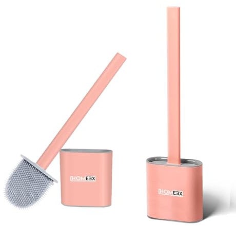 Homeex Toilet Brush, Silicone Toilet Brushes and Holder Deep Cleaner with No-Slip Plastic Handle Soft Flexible Bristles,Toilet Brush with holders and Base for Anti-drip (White) (Pack of 2 (Pink))
