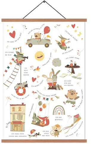 ZDFDC Affirmation Poster Kinder Deutsch,Selbstvertrauen Poster,Positive Glaubenssätze-Wandbilder auf Leinwand in A2-Größe mit Teak-Holz Posterleiste und Magnetbefestigung