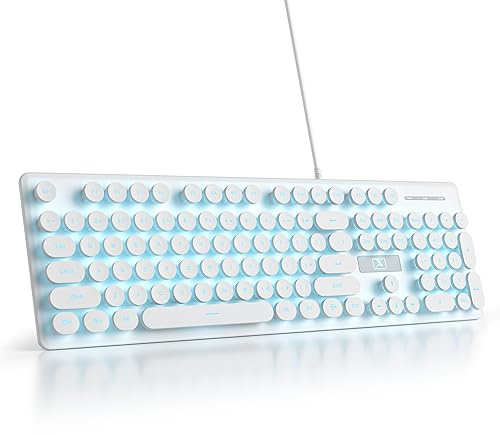 SOLIDEE Membrane Keyboard 100%,Punk Typewriter Full Size 104 Keys,Typewriter Retro Round Keycaps Keyboard,LED Backlit Slim with Wired Cable for PC/Win/Mac/Laptop(US Layout QWERTY)(V300 White)