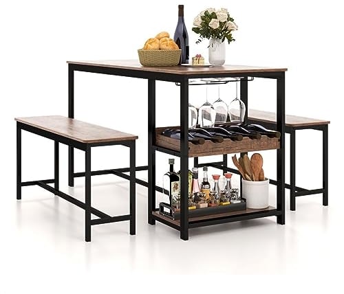 GiantexUK 3PCS Dining Table and Benches Set, Wooden Kitchen Table Set with Storage Shelf, Glass Holder & Wine Rack, Space-saving Breakfast Table Benches Set for Home Dining Living Room Cafe