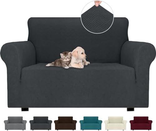 Ystyle Stretch Sofa Überzug 2 Sitzer, Sofabezug rutschfest Mit Armlehne, Elastische Couch Überzug Jacquard, Universal Sofa Cover Moderne, Sofaschoner Hund Katze Für Wohnzimmer, Dunkelgrau