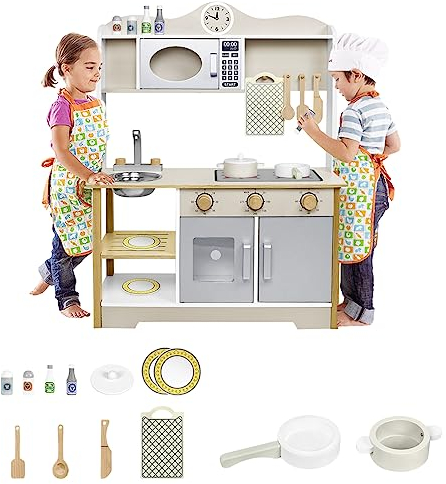 HENGMEI Cocina infantil para niños, juego de juguetes de cocina de madera para bebé, con accesorios de madera, microondas, fregadero, juego de cocina para niños, 65 x 24 x 85 cm, tipo A