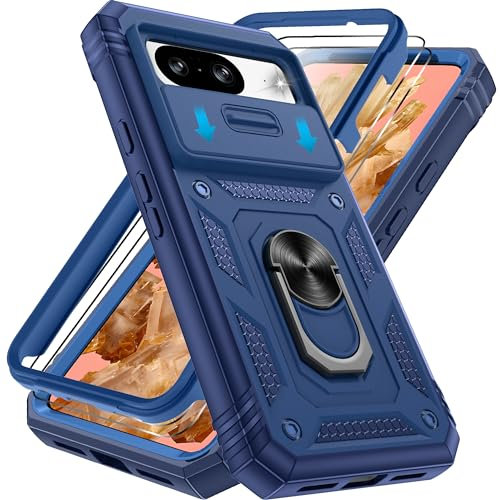 Pilaru 3 in 1 for Pixel 8 Case with Front Frame |2 Separate Screen Protectors| Kickstand Ring & Camera Cover Military Grade Drop Shockproof Protection for Google 8,Blue