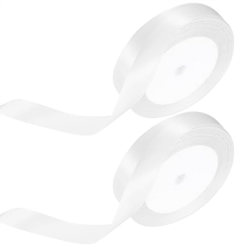 Weiß Satinband, 2 Rollen 15mm x 22m Geschenkband Weiß Schleifenband, Dekoband Stoffband für Geschenk, Basteln, Haarschleifen, Brautstrauß, Auto Hochzeits Dekoration Geschenkverpackungen